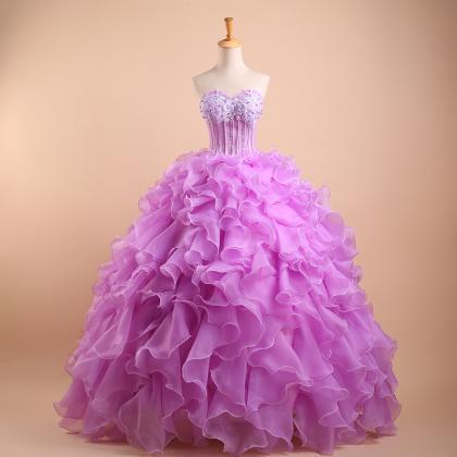 Pretty Lilac Ball Gown Organza Beaded Quinceanera..