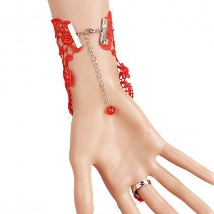 Fashion Gothic Red Lace Beaded Bracelets Ring Set..
