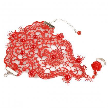 Fashion Gothic Red Lace Beaded Bracelets Ring Set..