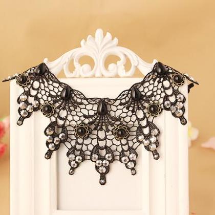 Retro Black Lace Necklace With Beading Pendant..
