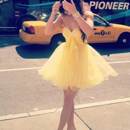 Pretty Yellow Sweetheart Prom Dresses, Short Mini..