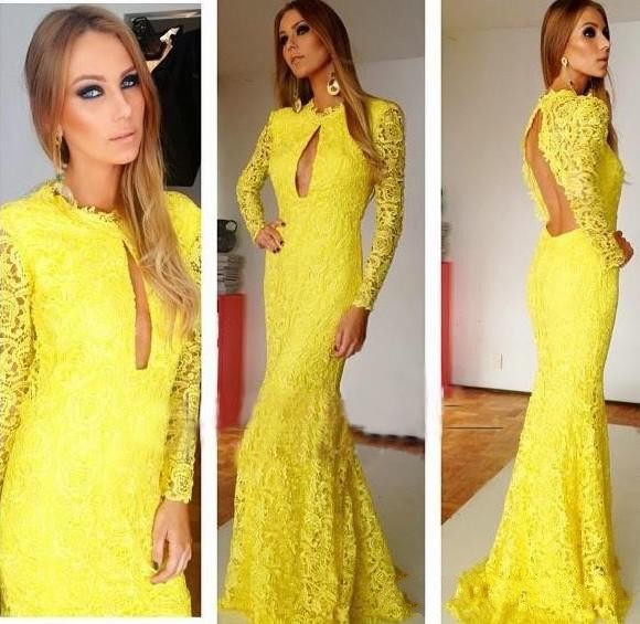 Pretty Yellow Evening Dresses,appliques Evening Dress,formal Dress, Lace Prom Dress,long Prom Dress, Full Sleeves Prom Gown,formal Gown,mother Of
