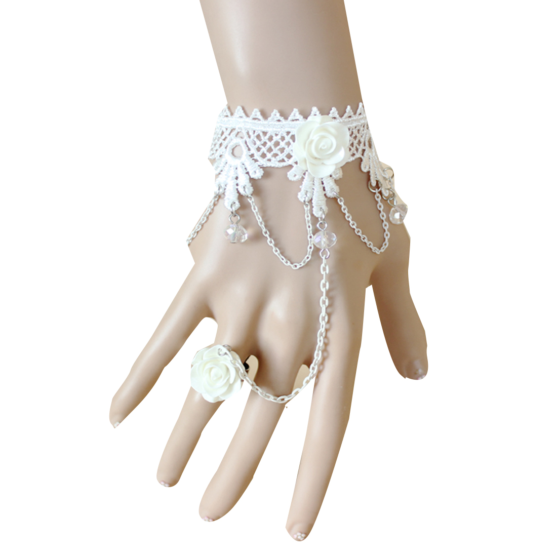 Fashion Gothic White Lace Bracelets Ring Set / Graceful Lace Bracelet With Flower Ring