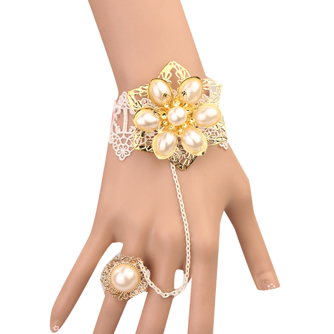 Fashion Gothic Bridal Bracelet White Lace Bracelets With Gold Flower Graceful Lace Bracelet Ring