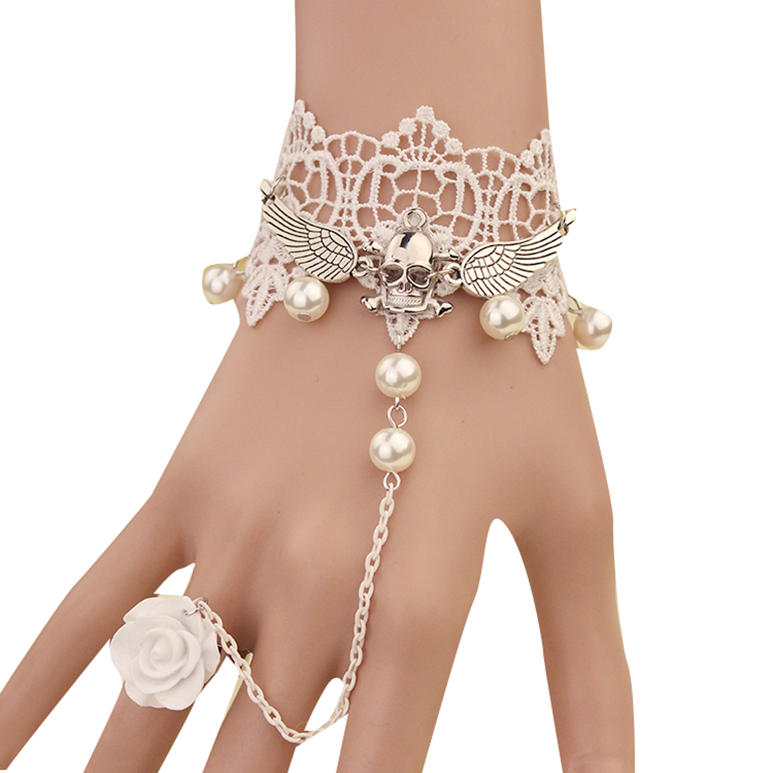 Fashion Gothic Bridal Bracelet White Lace Bracelets With Skeleton Graceful Lace Bracelet Ring