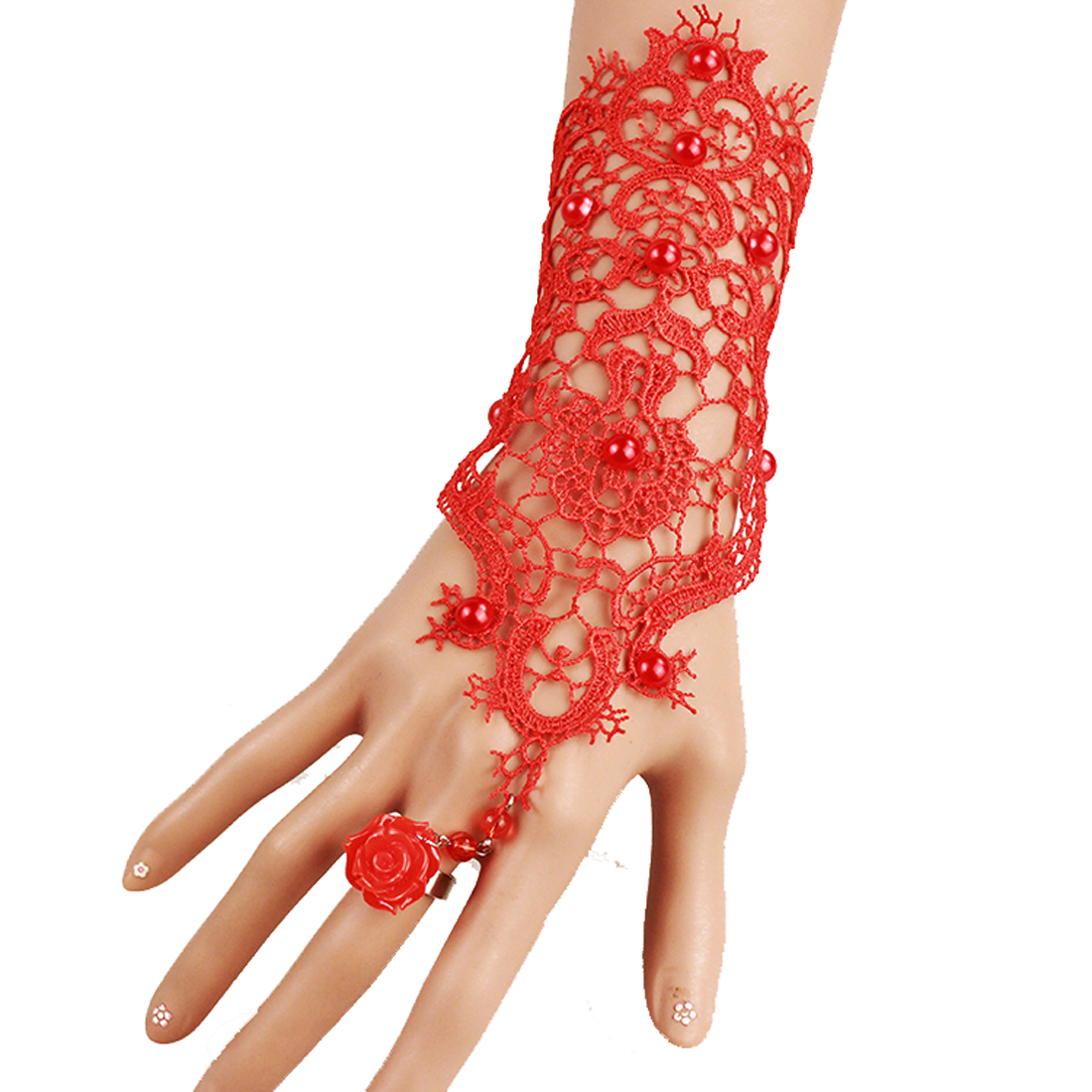 Fashion Gothic Red Lace Beaded Bracelets Ring Set / Graceful Long Lace Bracelet With Ring Bridal Bracelet