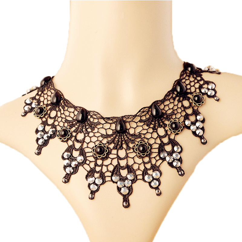 Retro Black Lace Necklace With Beading Pendant Accessories Statement Necklace Gothic Necklace Collar Necklace