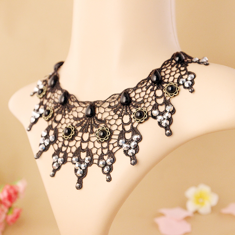 Retro Black Lace Necklace With Beading Pendant Accessories Statement